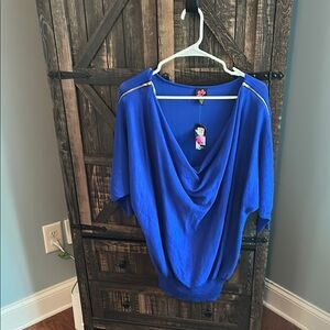 Blue Draped Blouse with Gold Accents